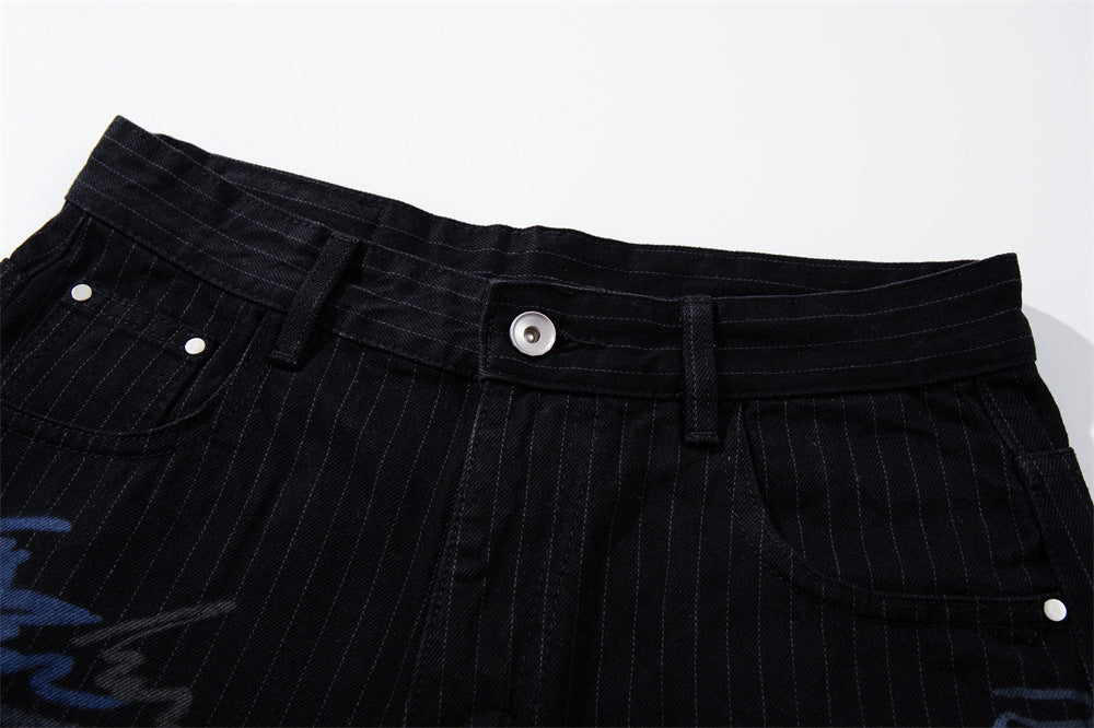 Graffiti Print Pinstripe Wide-Leg Jeans – Relaxed Straight Fit