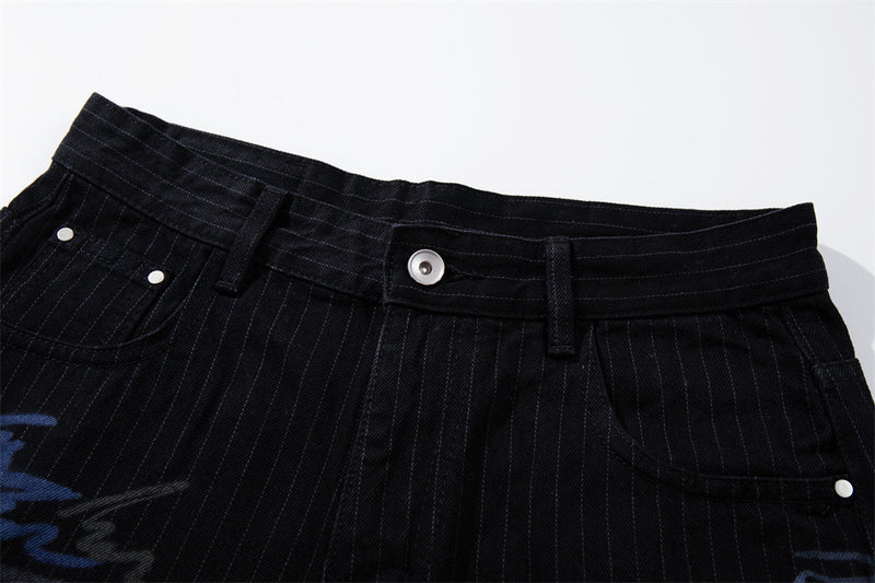 Graffiti Print Pinstripe Wide-Leg Jeans – Relaxed Straight Fit
