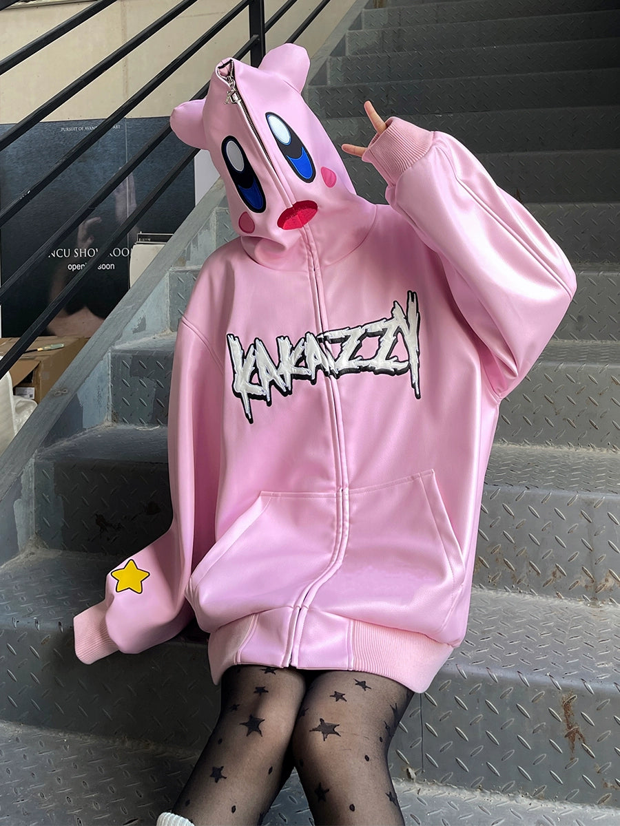 Kirby Pink Hoodie - 400GSM Oversized Anime Zip-Up Sweatshirt for Streetwear Fans