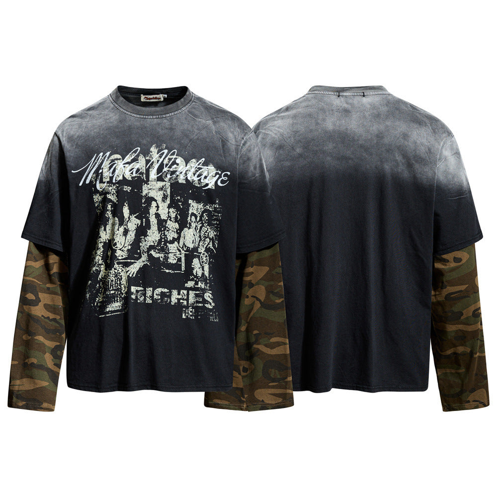 Faux Two-Piece Layered Long Sleeve Graphic Tee – Acid Wash & Camo Print
