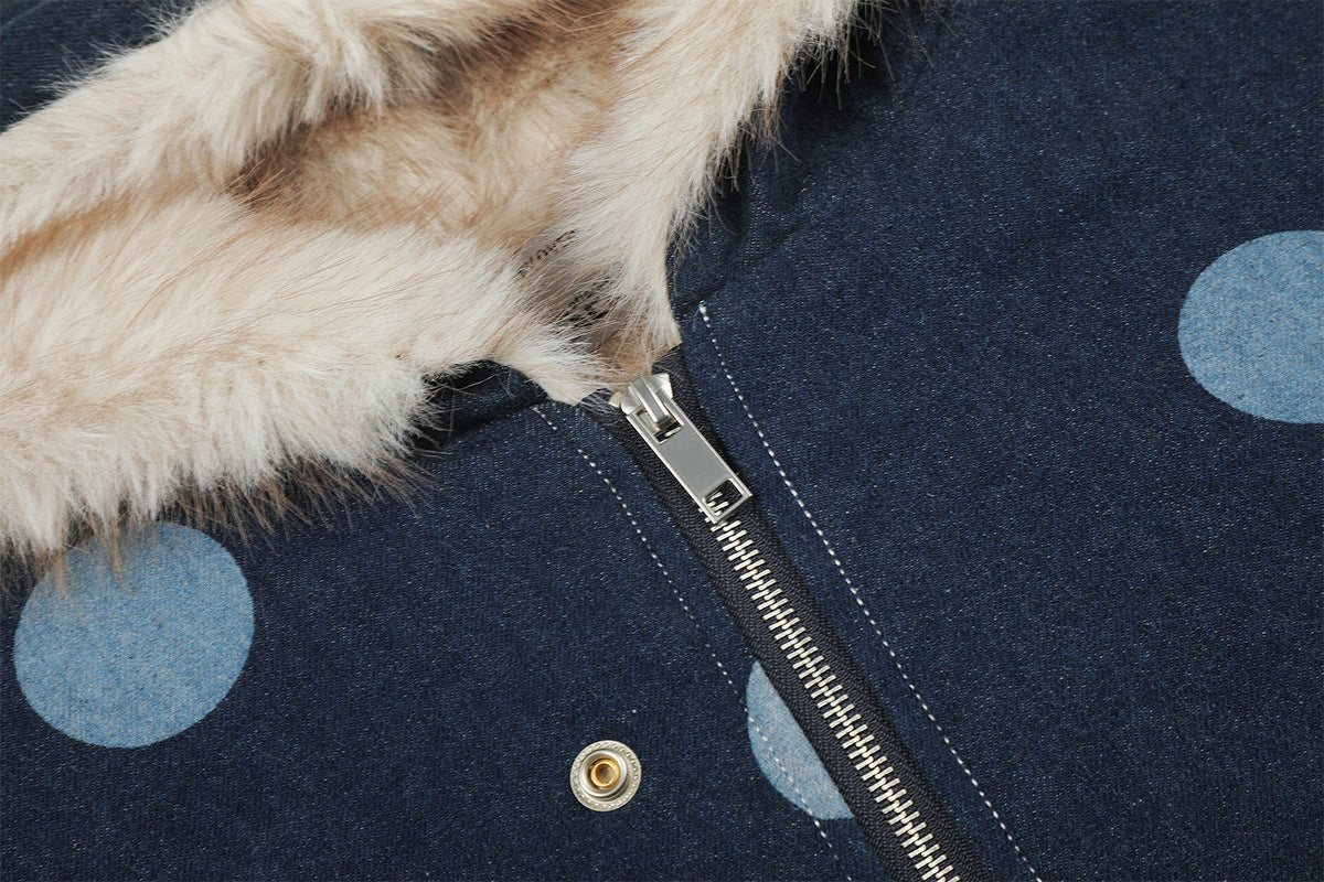 Polka Dot Denim Hooded Jacket with Sherpa Lining
