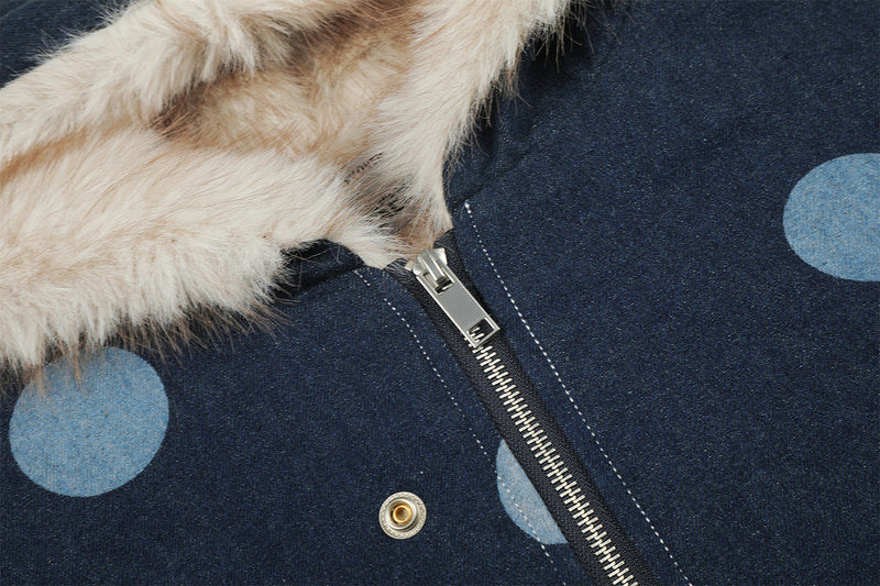 Polka Dot Denim Hooded Jacket with Sherpa Lining