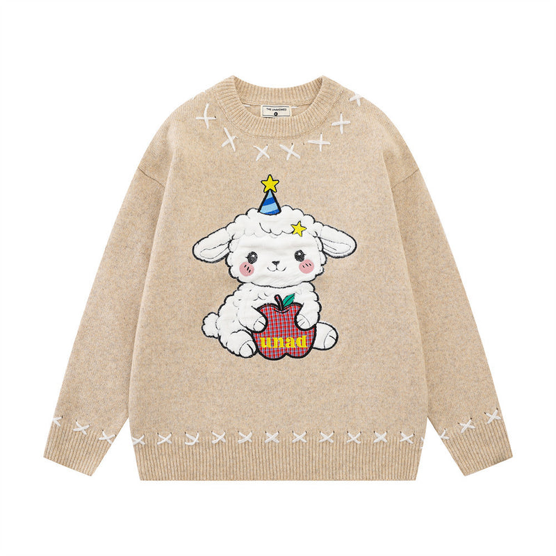 Cartoon Sheep Embroidered Crew Neck Pullover Sweater – Oversized Knit with