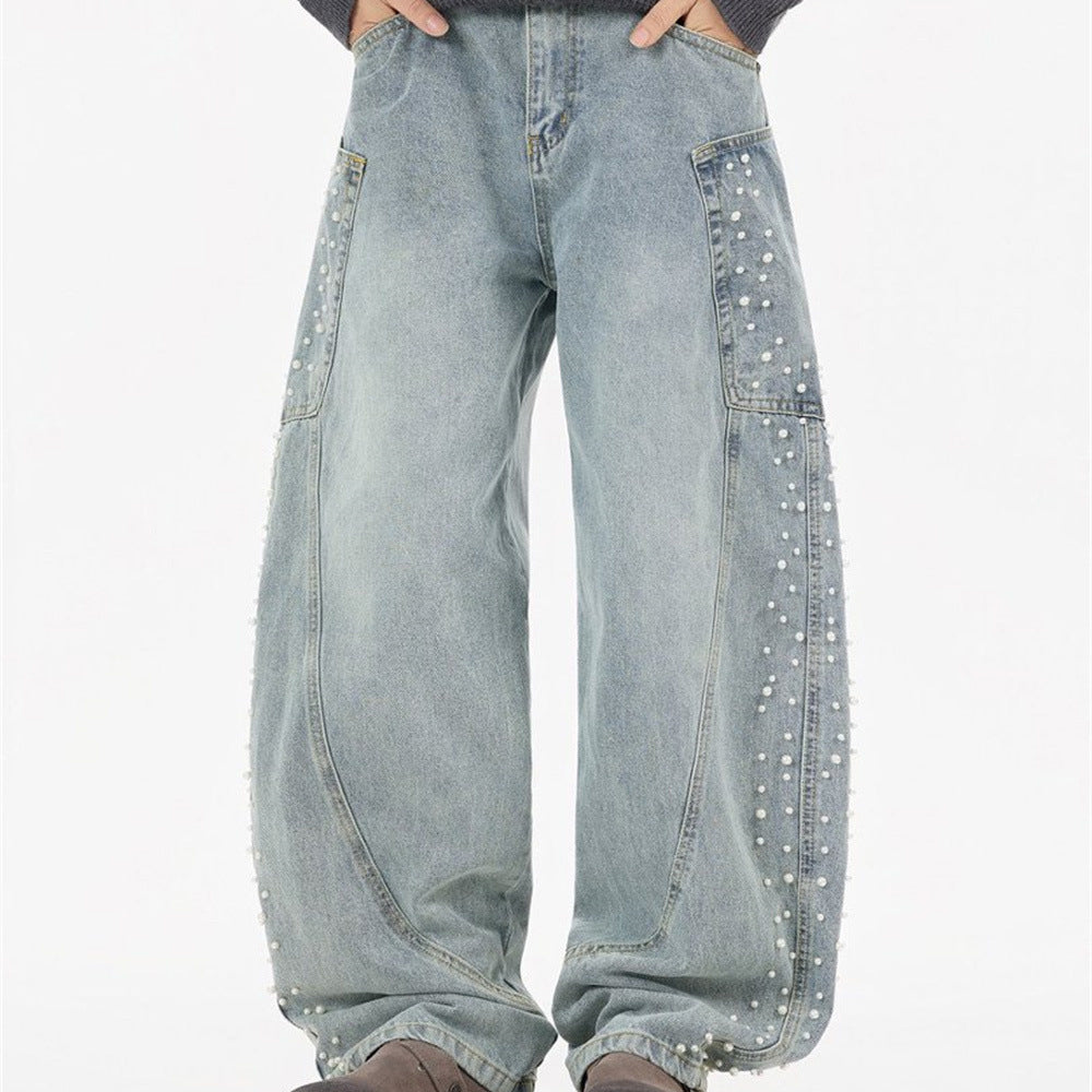 Men's wide-leg vintage washed denim cargo jeans with pearl stud embellishments along outer seams and oversized patch pockets