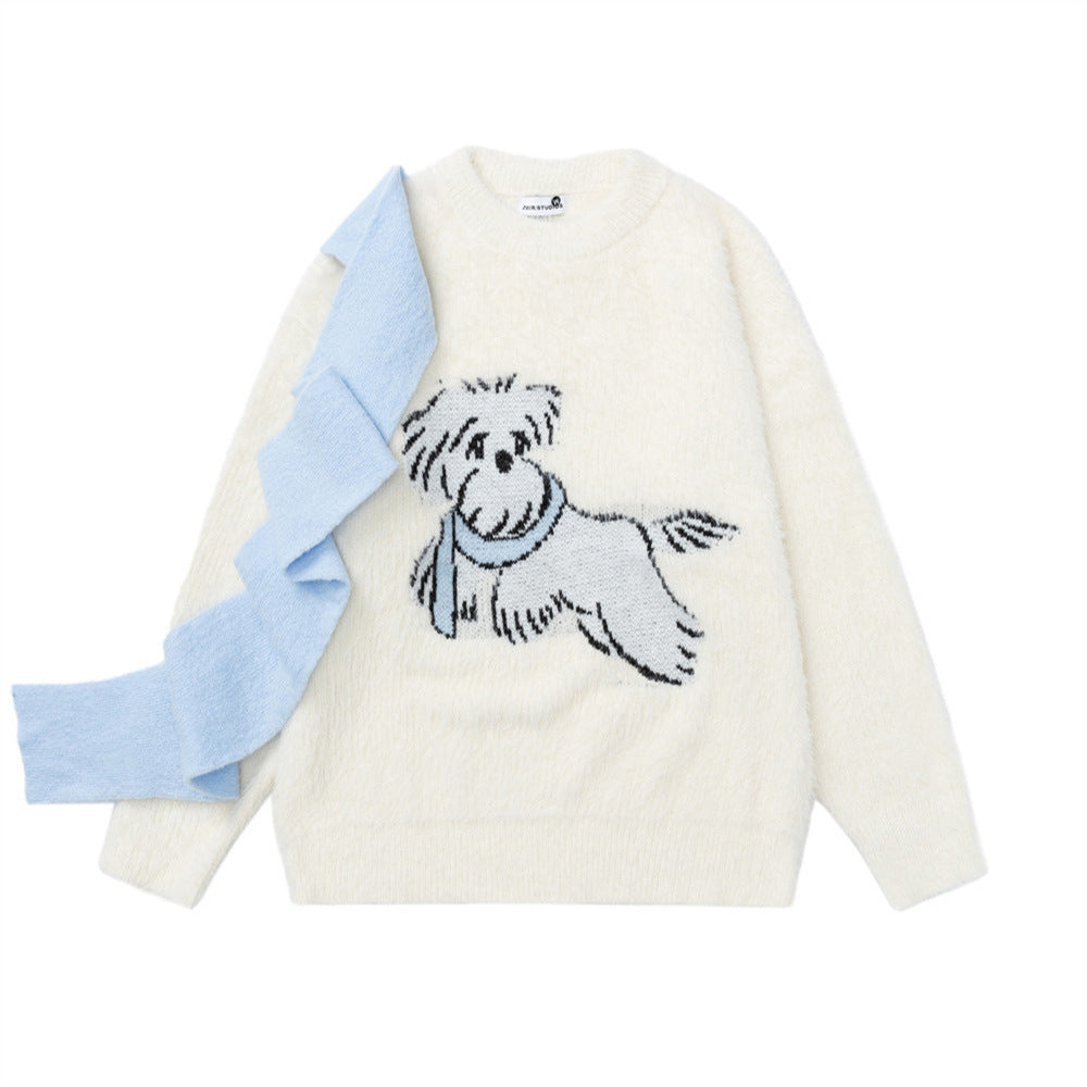 Oversized ivory white fuzzy knit crew neck sweater with cartoon dog jacquard graphic and light blue contrast ribbon detail
