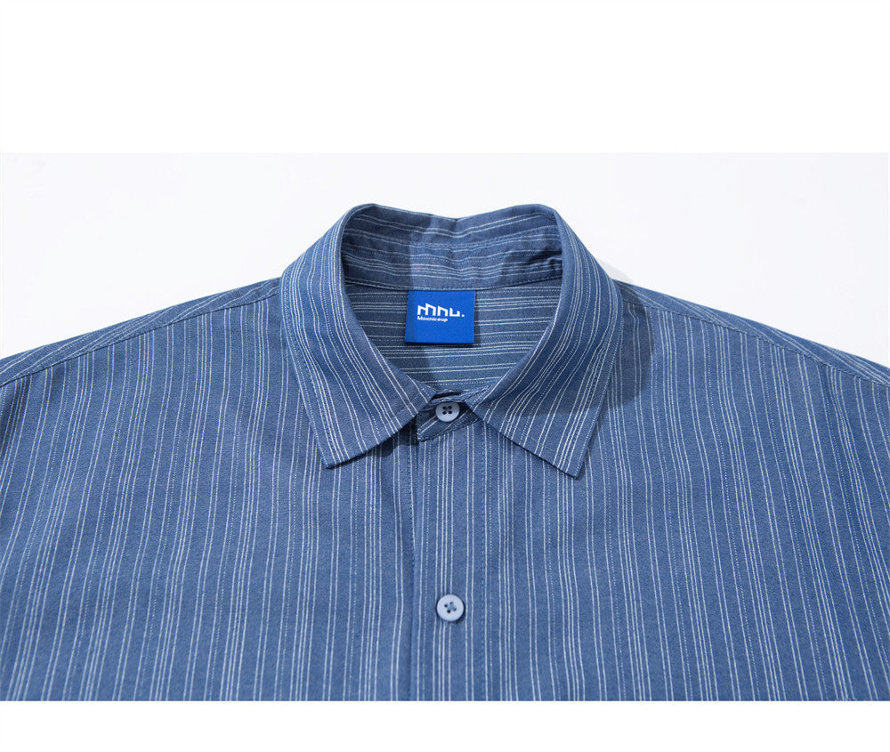 Men's Vertical Stripe Oversized Long Sleeve Button-Up Shirt in Blue
