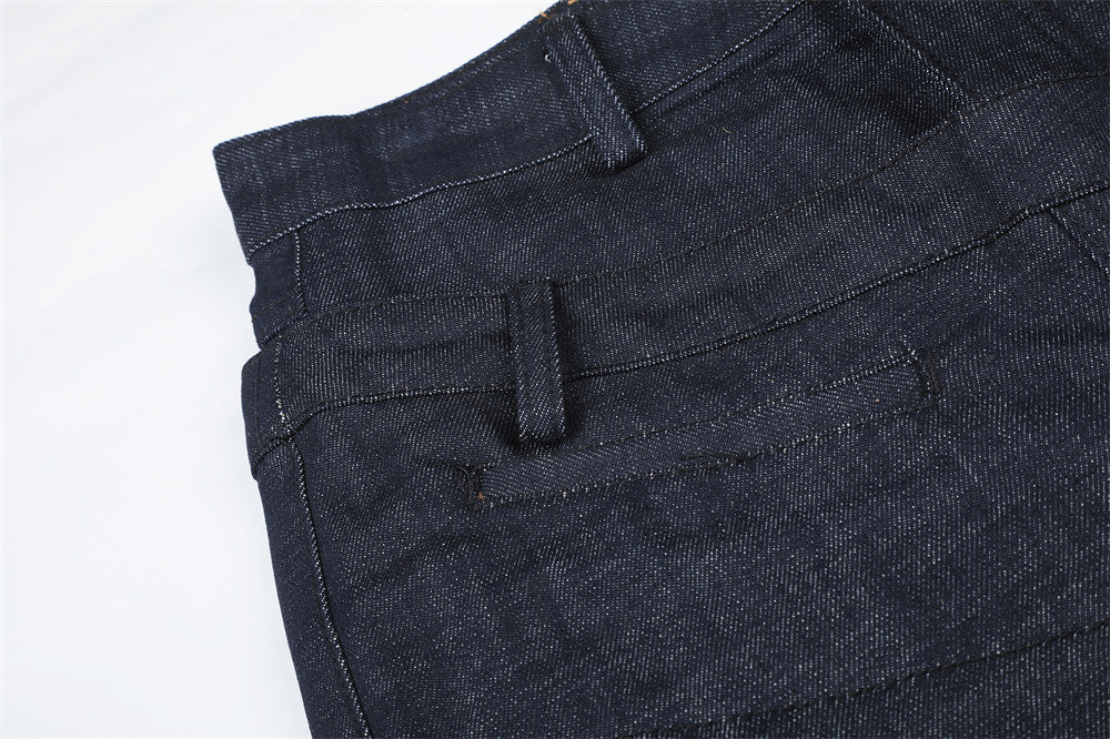 Wide-Leg Jeans with Irregular Spliced Waistband and Double Pleats