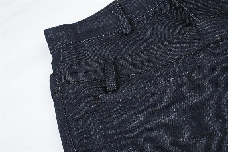 Wide-Leg Jeans with Irregular Spliced Waistband and Double Pleats