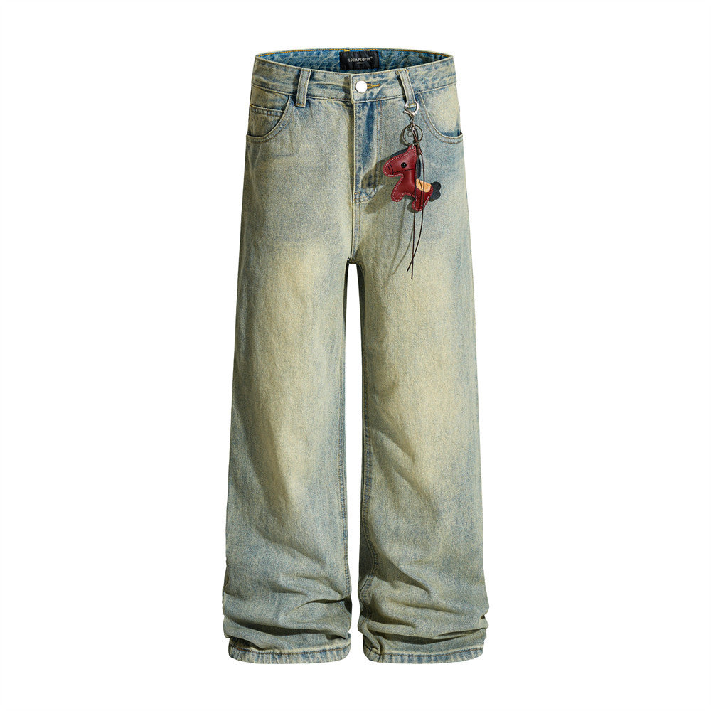 Men's Vintage Washed Wide-Leg Jeans – Relaxed Straight Fit with Horse Charm