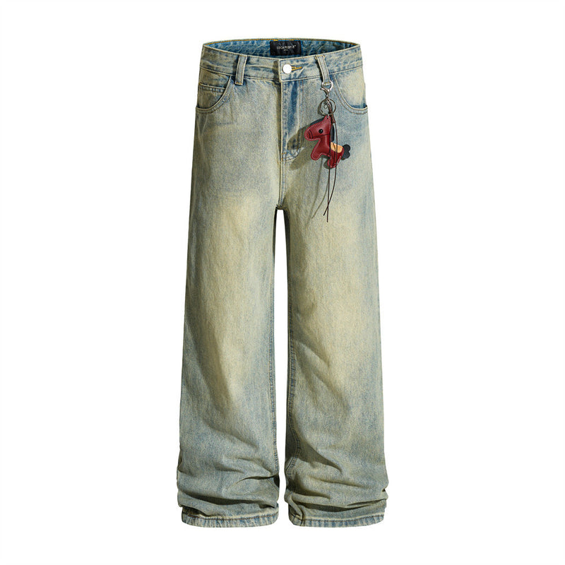 Men's Vintage Washed Wide-Leg Jeans – Relaxed Straight Fit with Horse Charm