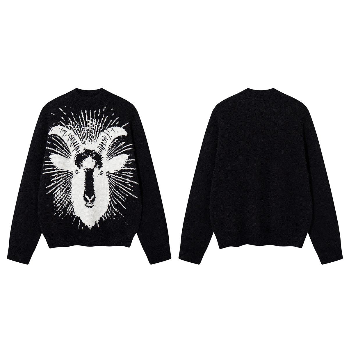 Ram Jacquard Crew Neck Knit Sweater – Oversized Streetwear Pullover