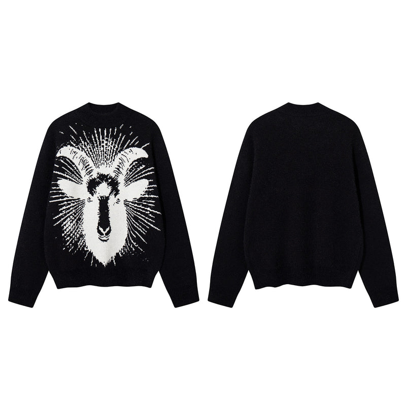 Ram Jacquard Crew Neck Knit Sweater – Oversized Streetwear Pullover