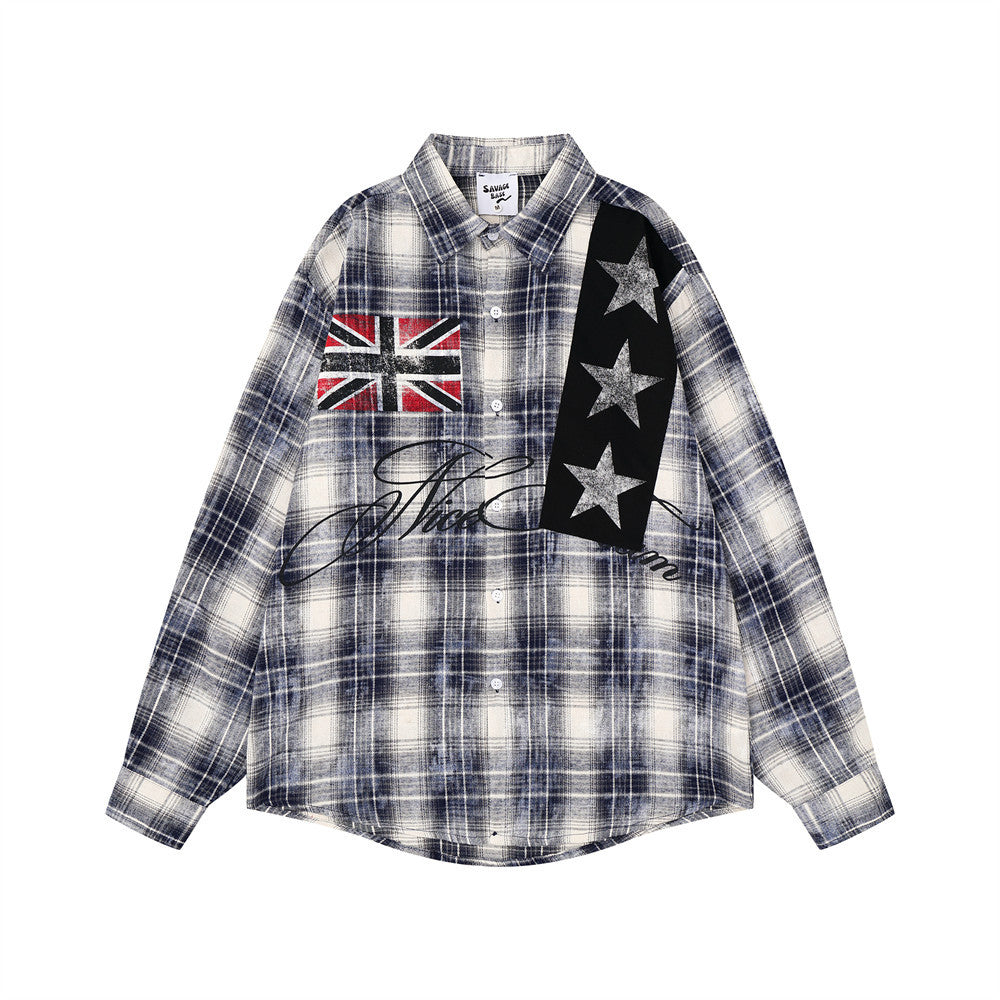 Oversized plaid flannel shirt with Union Jack graphic and contrast star panel in navy cream colorway, front view