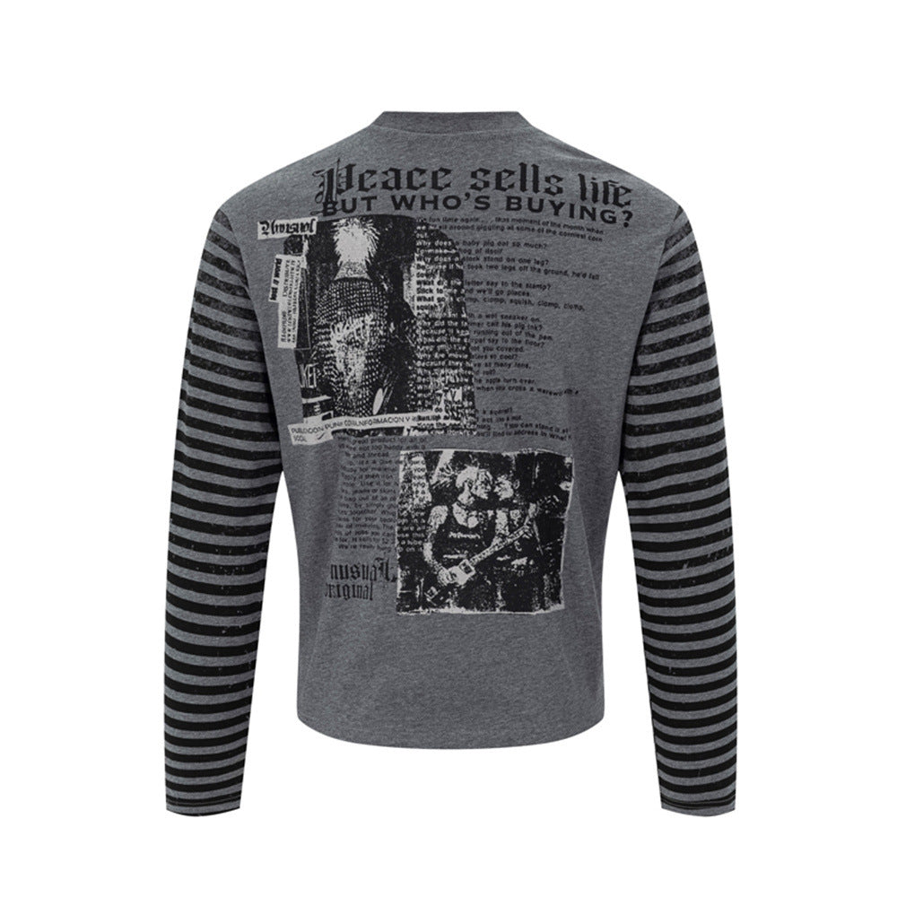 Men's Gothic Letter Print Long-Sleeve Tee with Striped Sleeve Splice
