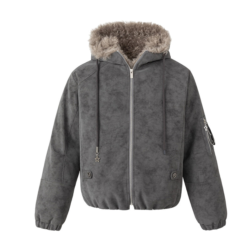 Veste bomber à capuche – Similicuir effet usé, col en fausse fourrure et garnissage matelassé