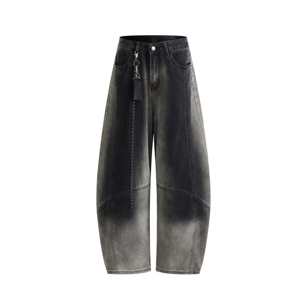 Wide-Leg Gradient Washed Jeans – Deconstructed Curved Seam Baggy Denim
