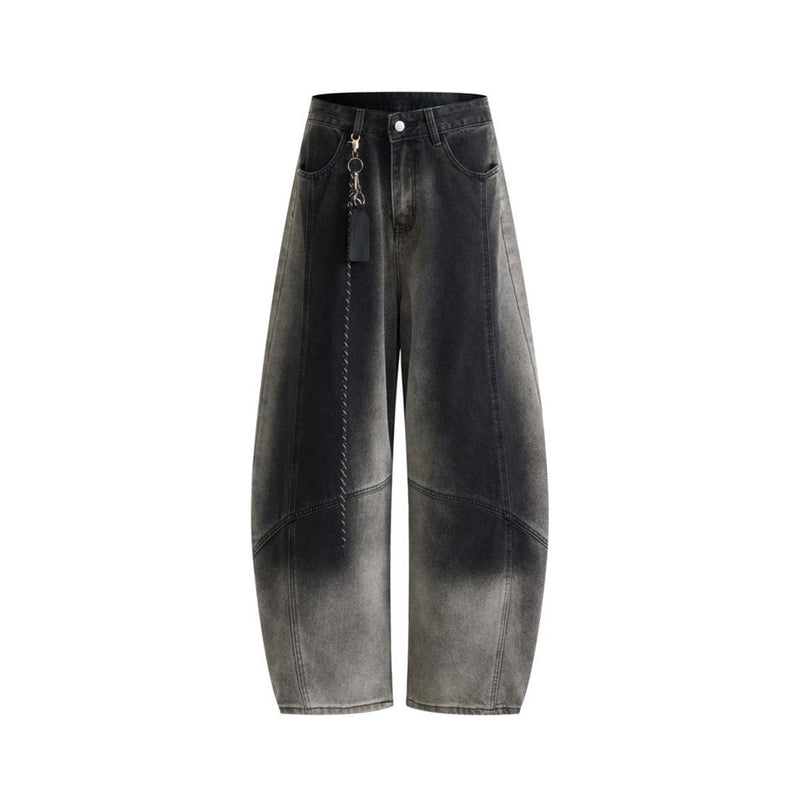 Wide-Leg Gradient Washed Jeans – Deconstructed Curved Seam Baggy Denim