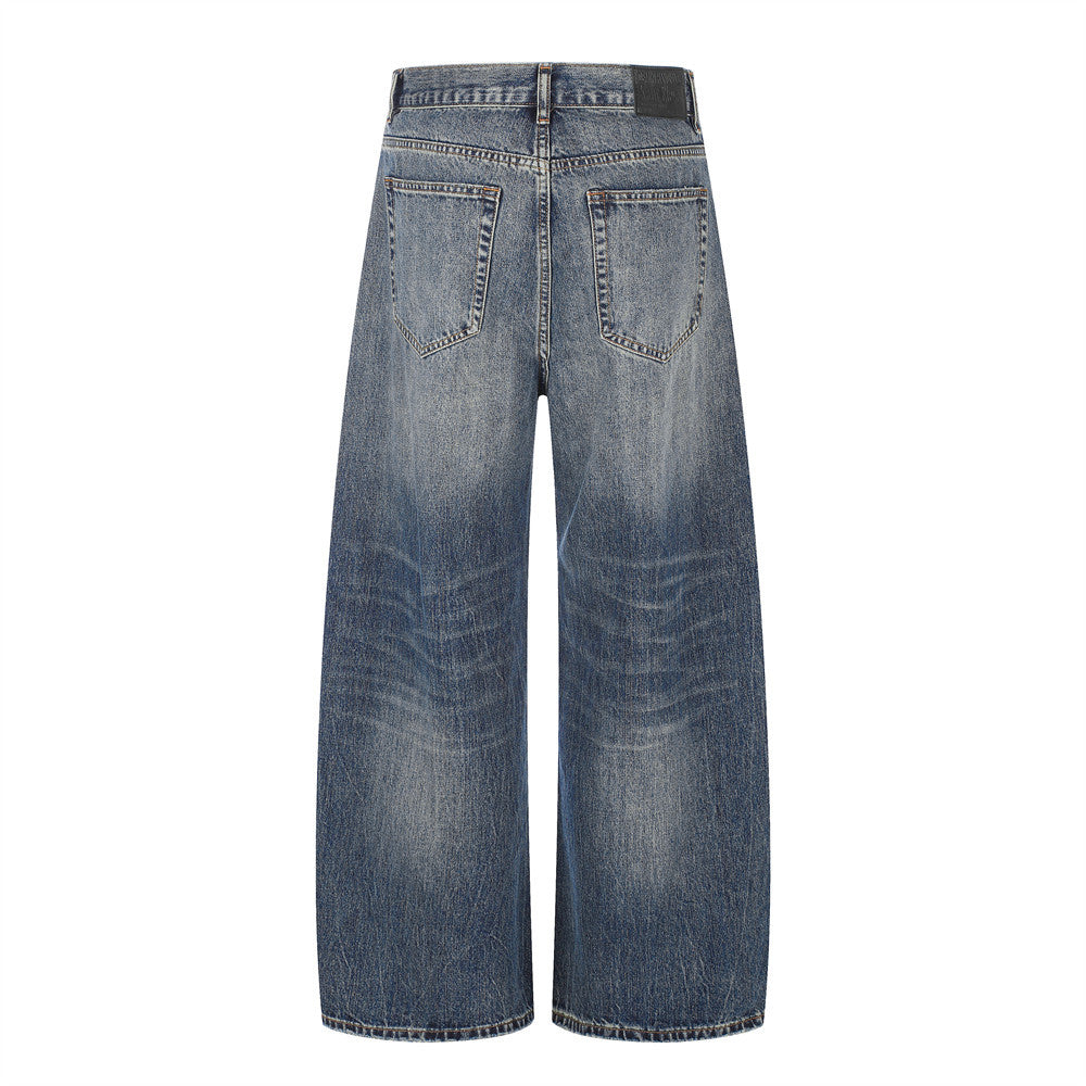 Wide-Leg Jeans Button-Fly Vintage Washed Distressed Denim