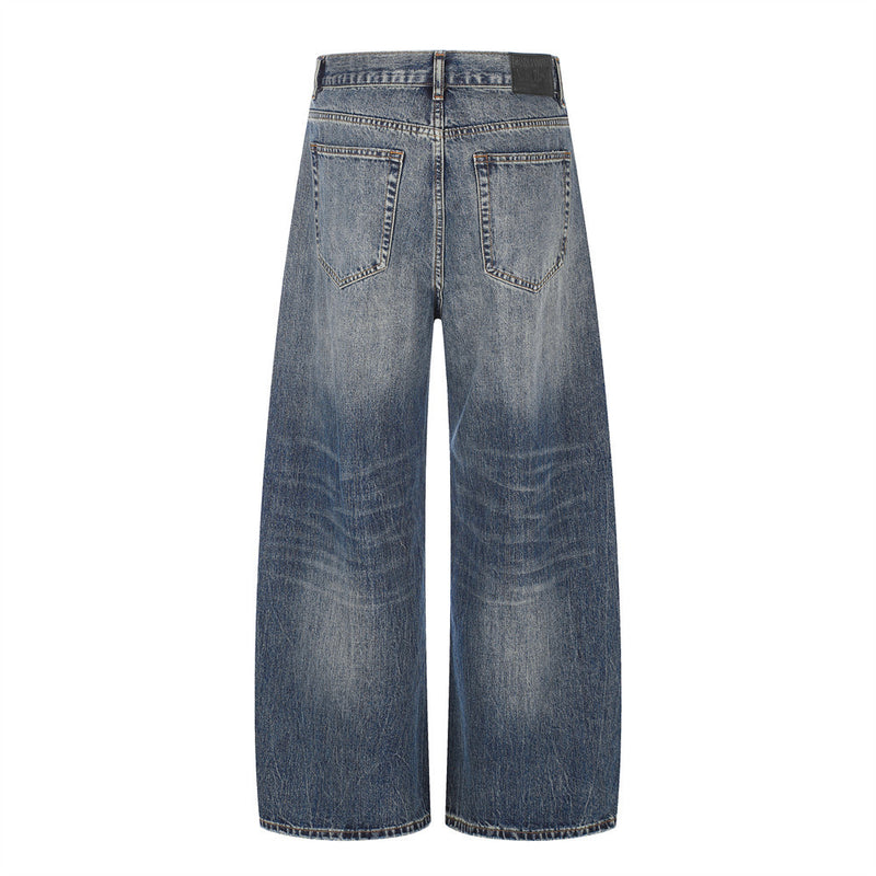 Wide-Leg Jeans Button-Fly Vintage Washed Distressed Denim