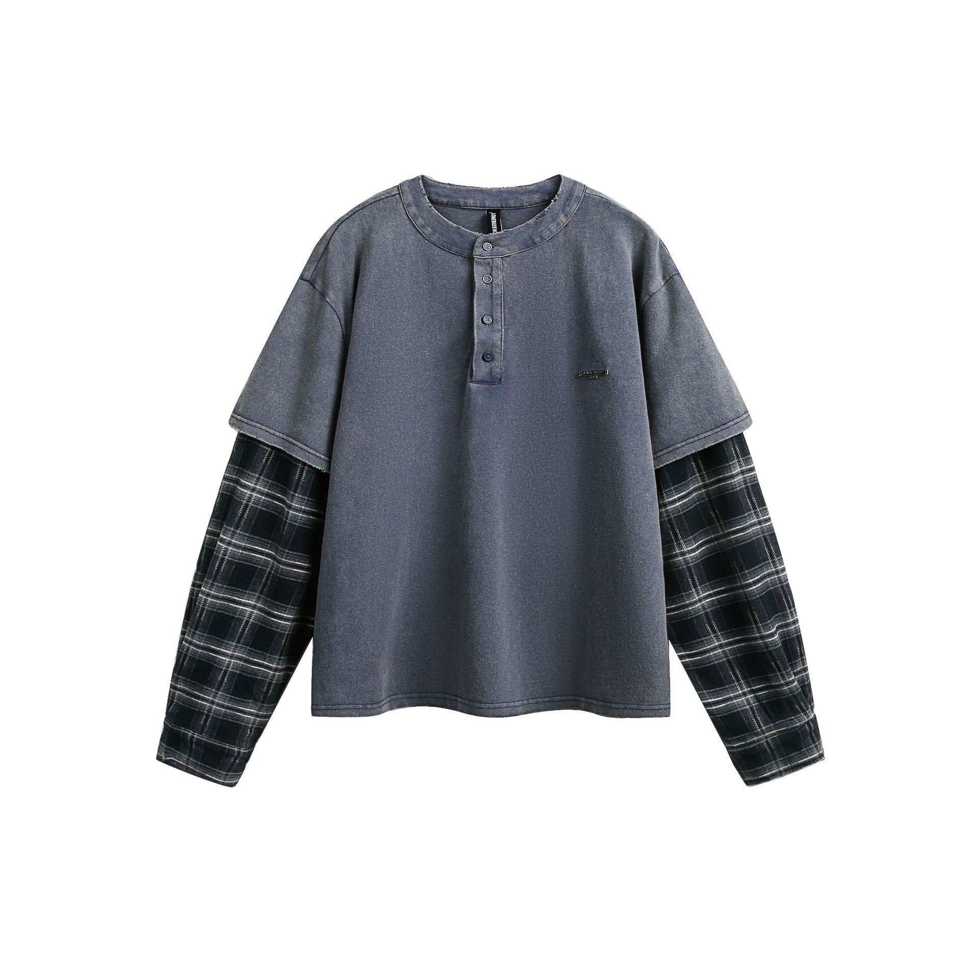 T-shirt Henley oversize délavé à manches longues, avec manches superposées effet carreaux contrastants, bleu marine, marron café et noir