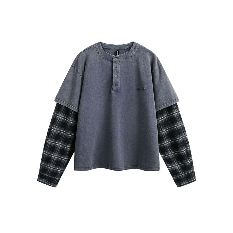 T-shirt Henley oversize délavé à manches longues, avec manches superposées effet carreaux contrastants, bleu marine, marron café et noir
