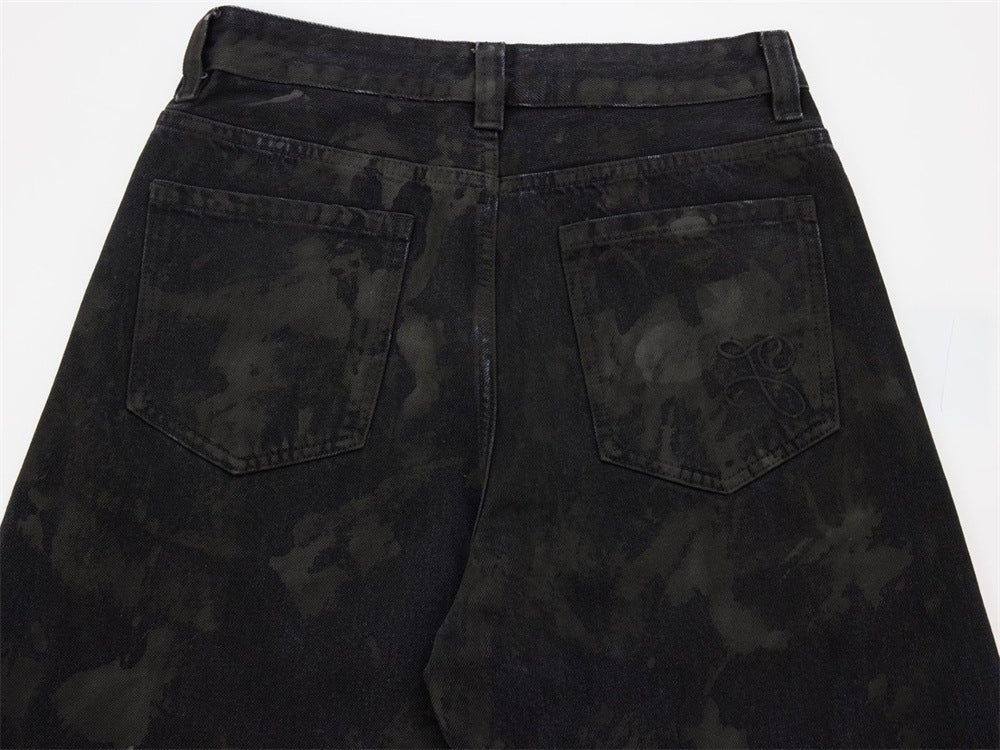 Men Black Baggy Jeans – Tie-Dye Washed Wide-Leg Denim Pants