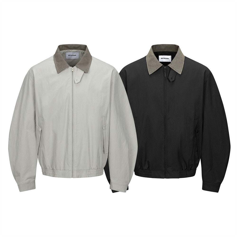 Men's Bomber Jacket with Houndstooth Collar & Pleated Sleeves