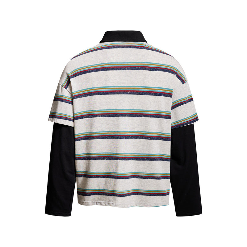 Striped Faux Two-Piece Long Sleeve Polo Shirt – Relaxed Fit with Layered Look