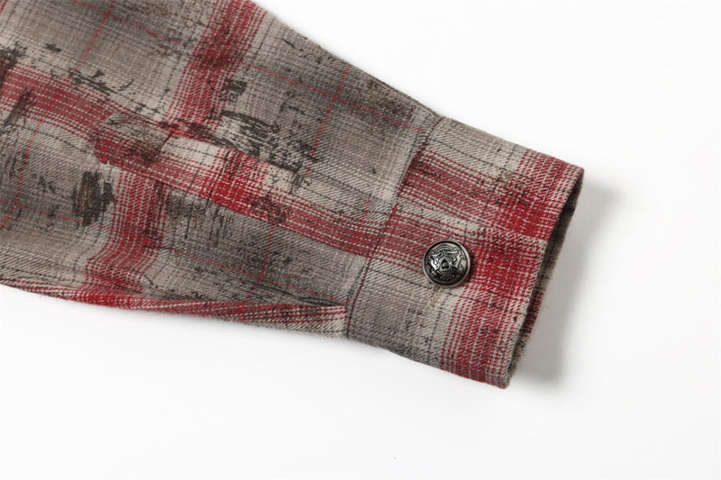 Distressed Plaid Long-Sleeve Shirt with Black Star Patches – Vintage Punk Style