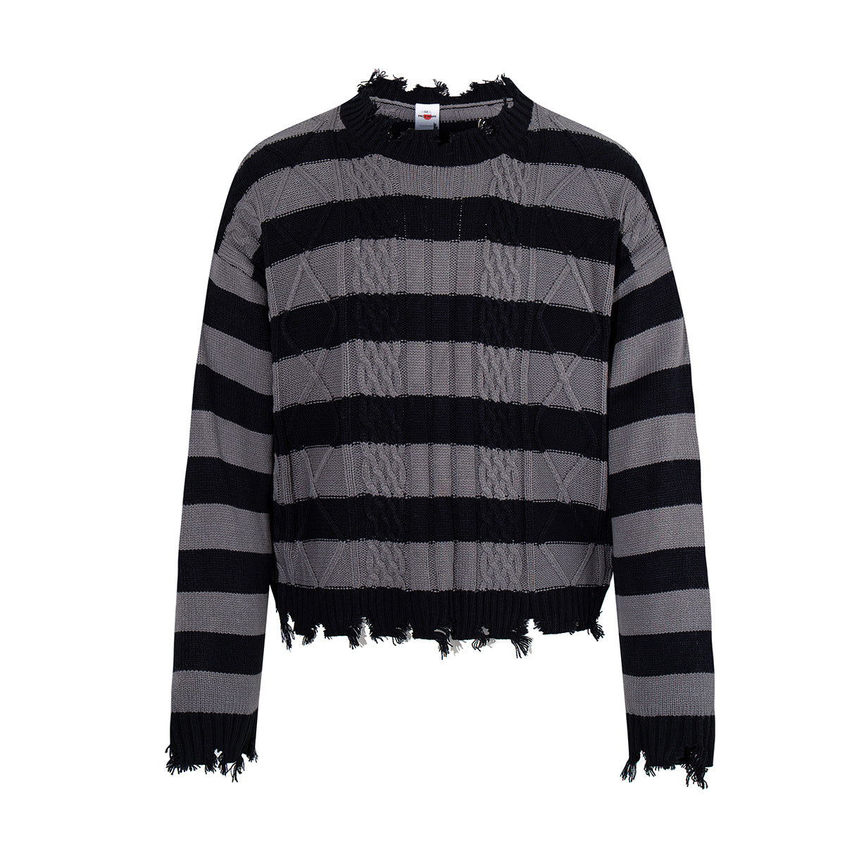 Pull en maille torsadée rayée à effet usé et bords effilochés, gris et noir, coupe unisexe boxy