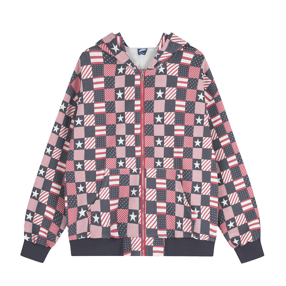 Oversized checkerboard American flag print zip-up hoodie jacket with stars and stripes pattern in navy, red, and white
