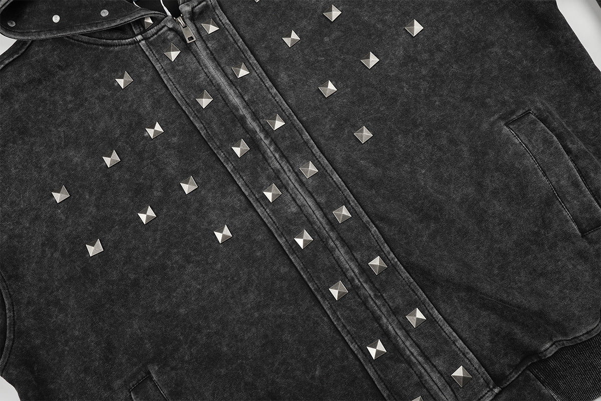 Acid Wash Zip-Up Hoodie with Pyramid Studs – Washed Black