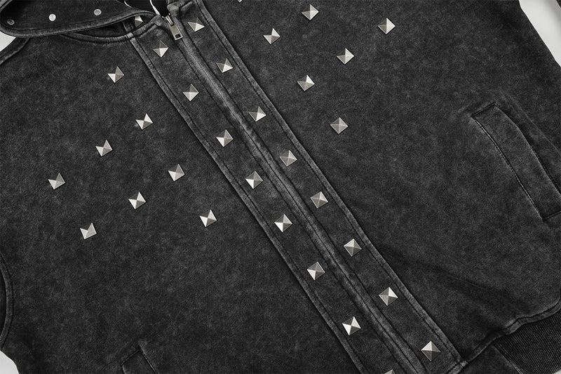 Acid Wash Zip-Up Hoodie with Pyramid Studs – Washed Black