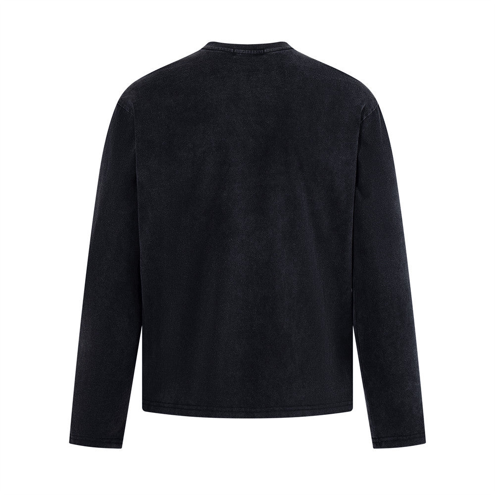 Long Sleeve Graphic Tee – AWS Eternal 1996 Circle Print, Distressed Washed Black
