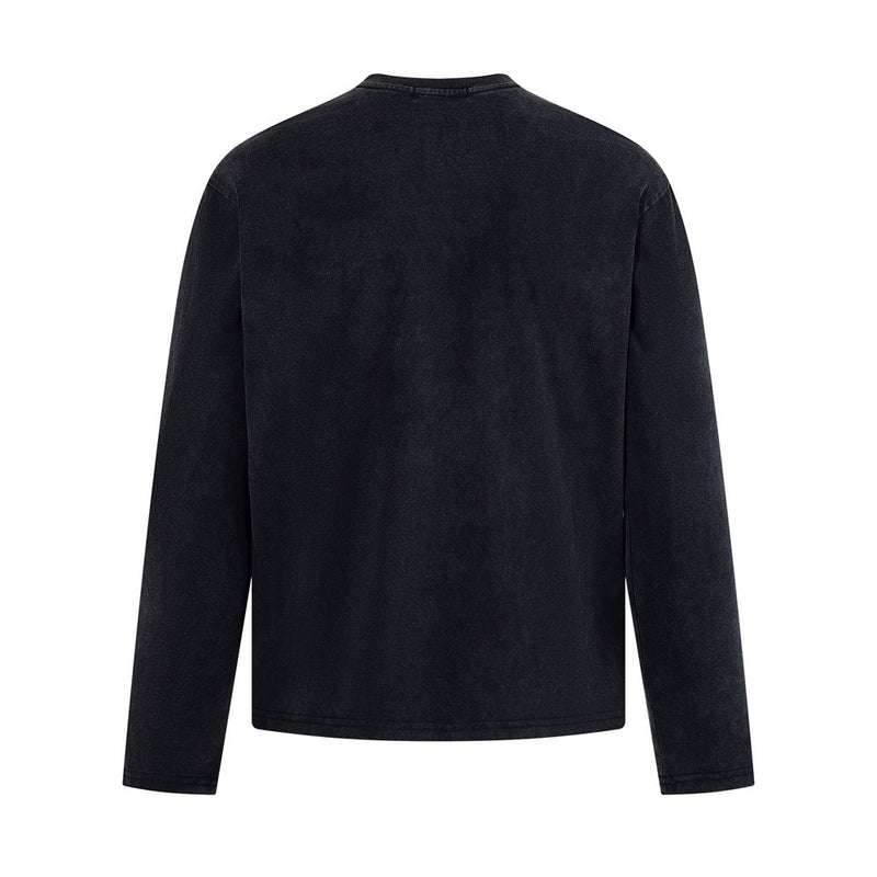 Long Sleeve Graphic Tee – AWS Eternal 1996 Circle Print, Distressed Washed Black