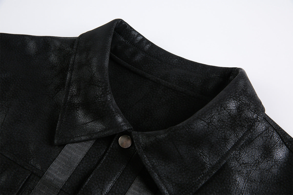 Veste trucker noire en similicuir PU – Style punk streetwear et moto