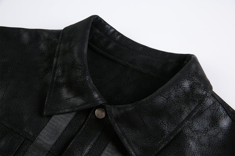 Veste trucker noire en similicuir PU – Style punk streetwear et moto