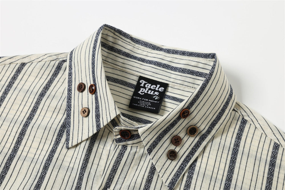 Striped Long-Sleeve Shirt – Vintage American Oversized Button-Up with Pocket
