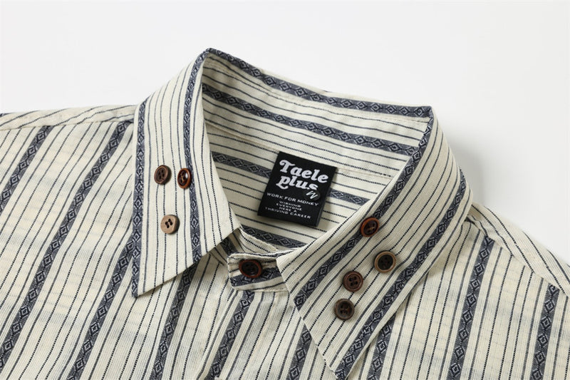 Striped Long-Sleeve Shirt – Vintage American Oversized Button-Up with Pocket