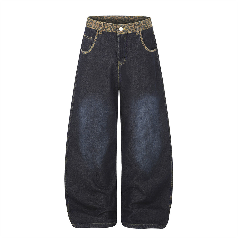 Vaqueros barrel de pierna ancha para hombre, con cintura de estampado de leopardo y denim lavado en azul claro y índigo oscuro