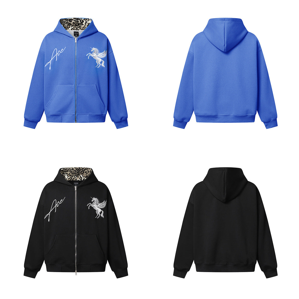 Ace Unicorn Zip-Up Hoodie & Wide-Leg Sweatpants Set with Leopard-Print Lining