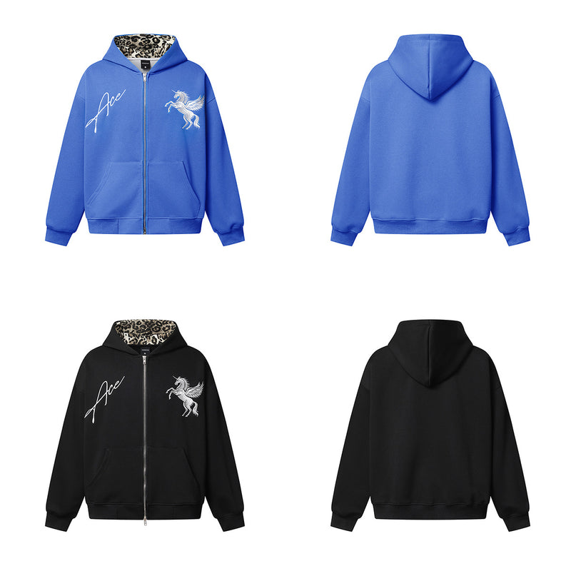Ace Unicorn Zip-Up Hoodie & Wide-Leg Sweatpants Set with Leopard-Print Lining