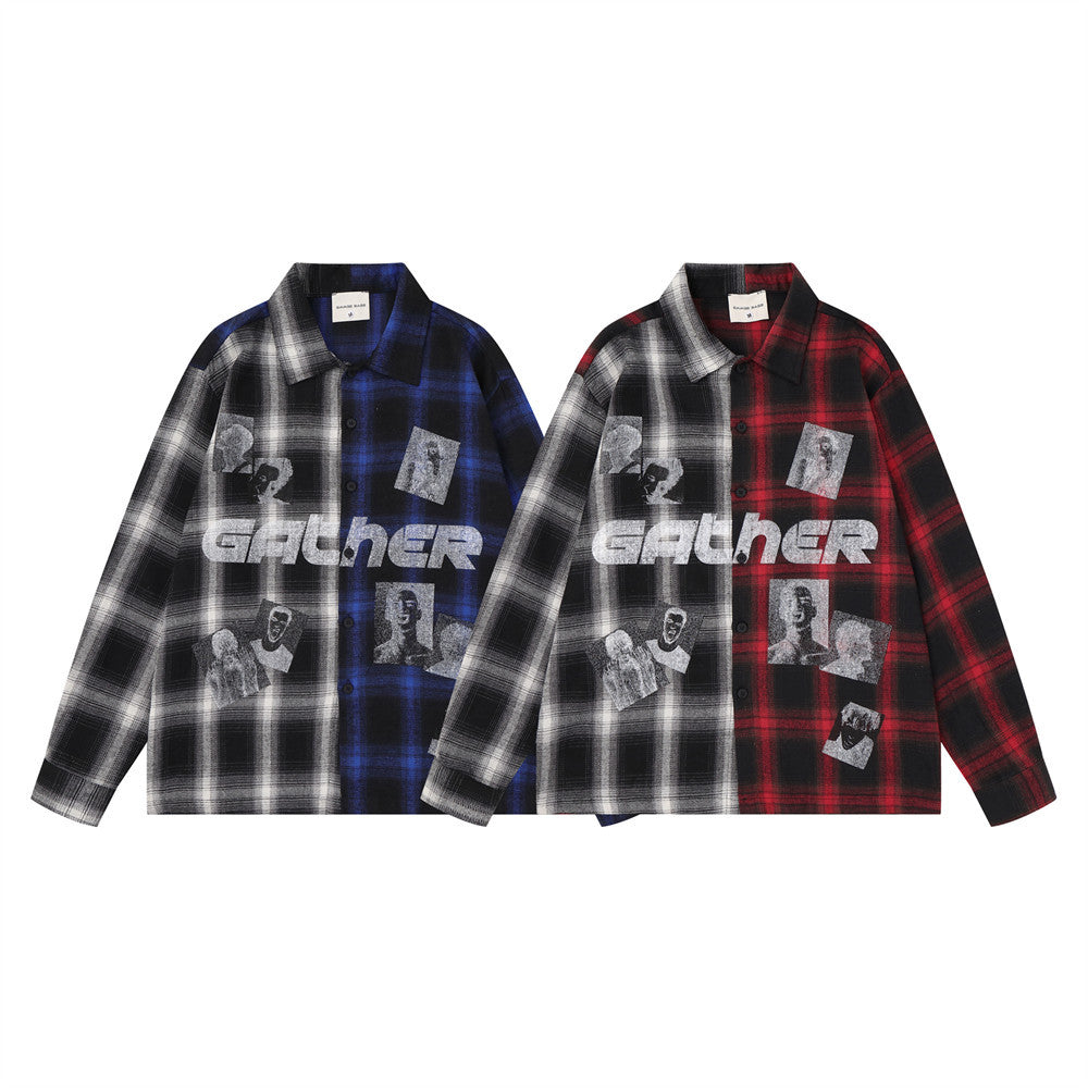 Two plaid colorblock long sleeve button-up shirts with Gather graphic print, shown in blue and red versions