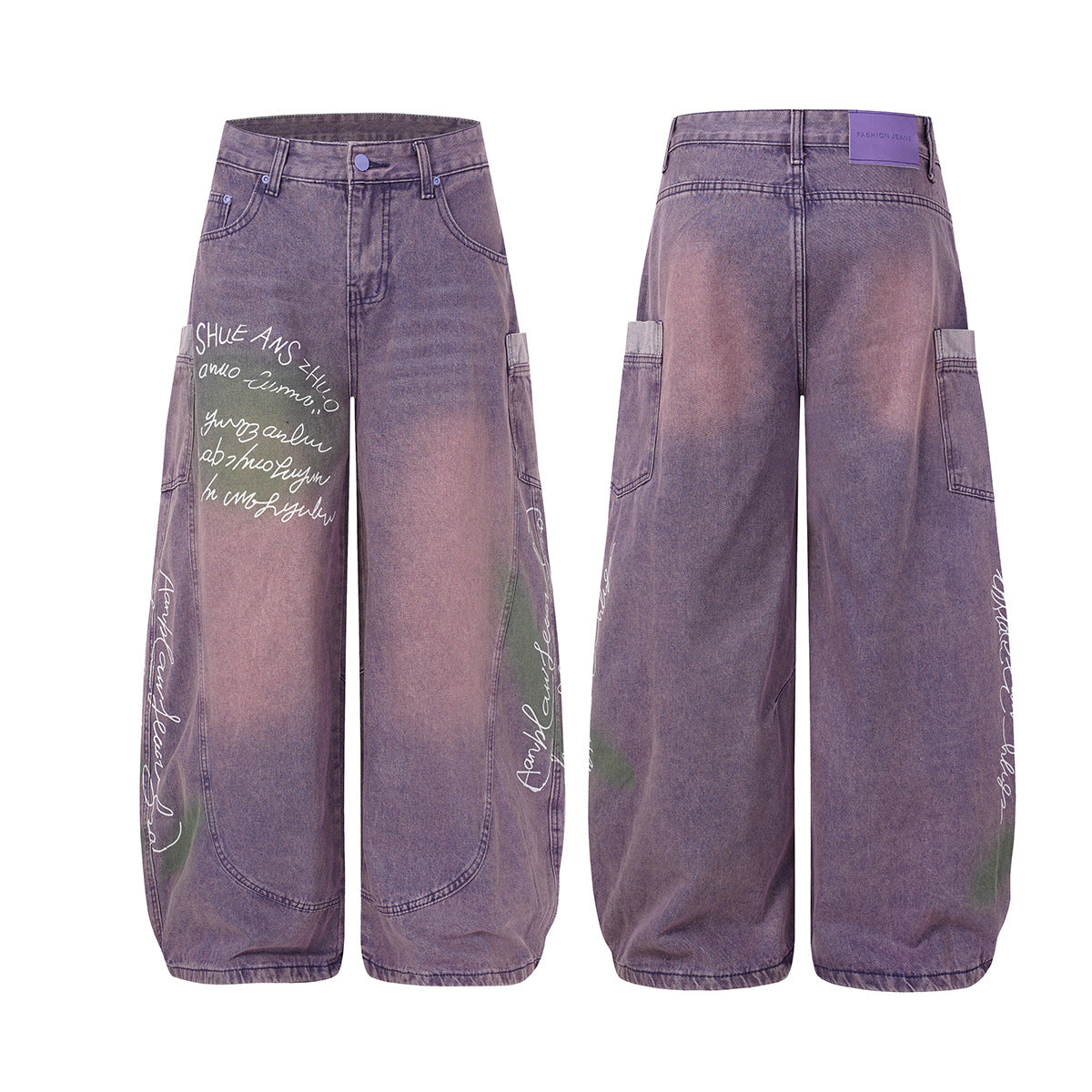 Jean taille haute à jambe large – Pantalon barrel en denim violet délavé à l’acide, imprimé graffiti