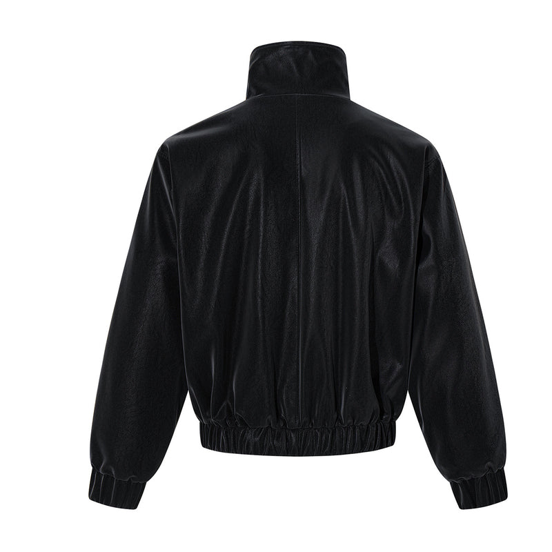 Oversized Black Leather Jacket Faux PU Bomber with High Collar