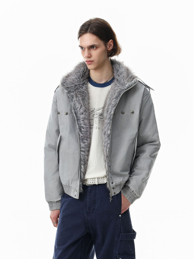 Studded Faux Fur Collar Bomber Jacket – Padded Moto-Inspired Winter Coat