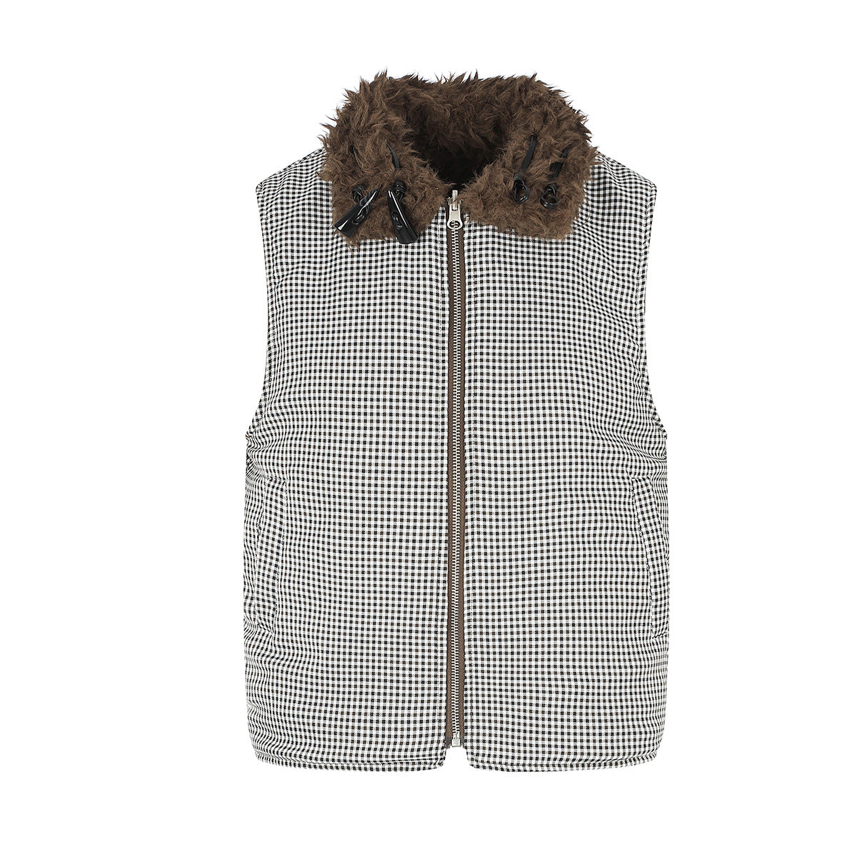 Gilet réversible en polaire teddy et tissu vichy matelassé – Gilet sans manches zippé