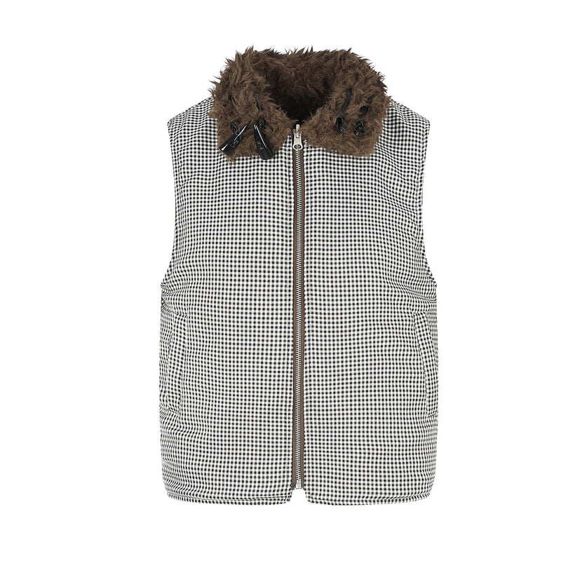 Gilet réversible en polaire teddy et tissu vichy matelassé – Gilet sans manches zippé