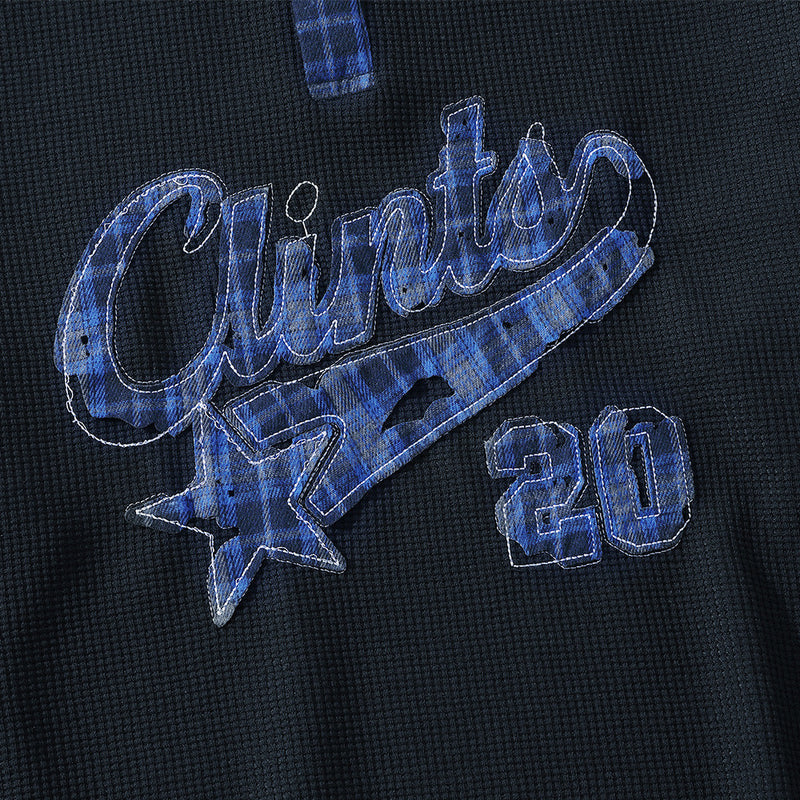 Polo Collar Sweatshirt with Plaid Patchwork & Clints Varsity Graphic