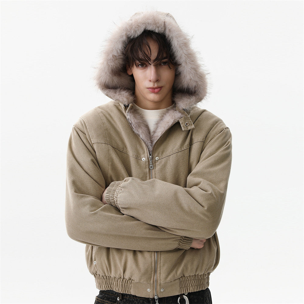 Faux Mink Fur-Trimmed Hooded Padded Jacket – Washed Canvas Bomber
